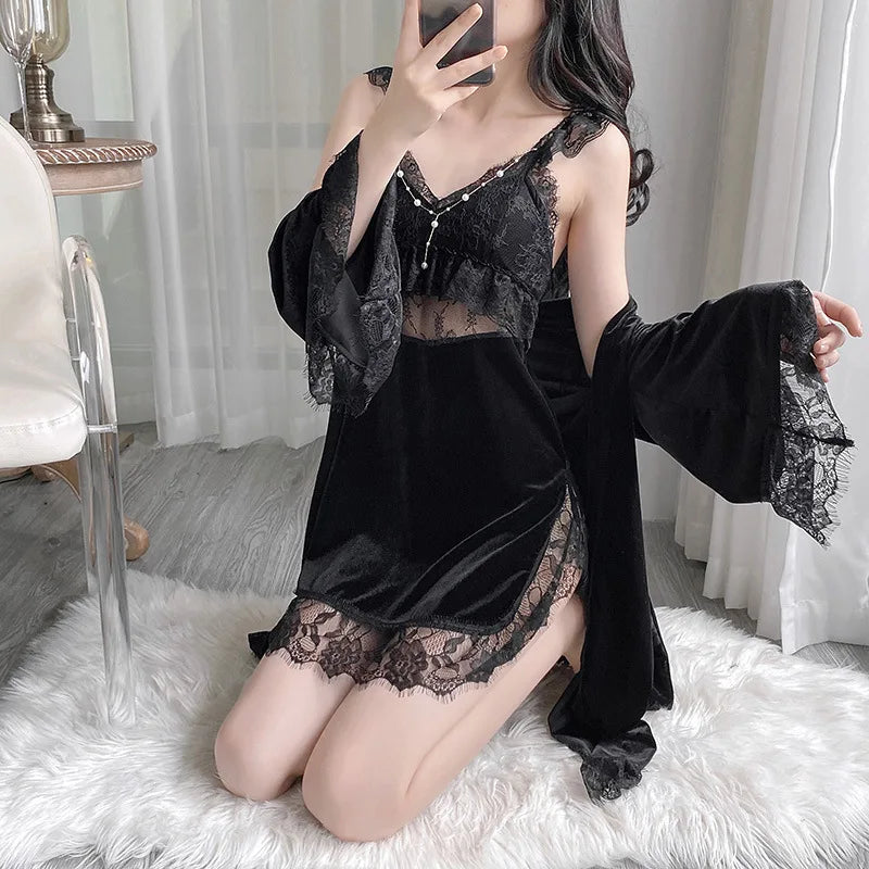 Black Lace Robe Suit Women 2PC Velour Bathrobe Gown Nightgown Set Nightdress Lingerie Autumn Velvet Kimono Sleepwear Loungewear