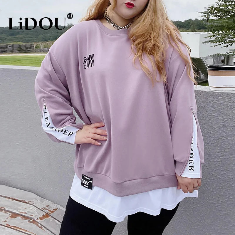 Spring Autumn New Korean Fashion Two Fake Pieces Plus Size Sweatshirt Women Letter Patchwork Casual Lady Tops Oversized Clothes