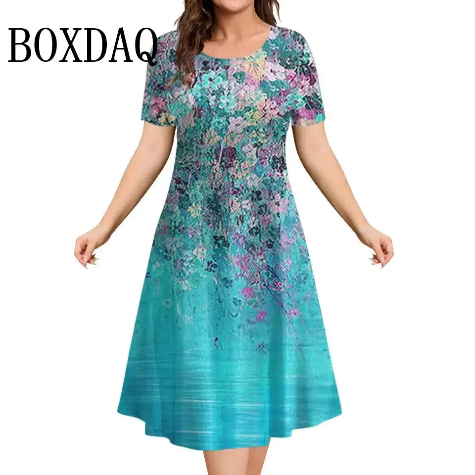 Summer Women'S Dresses 3D Art Flowers Printed Short Sleeve Clothing Elegant Loose A-Line Dress Fashion Lady Plus Size Dress 9XL