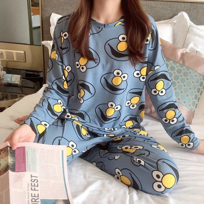 Spring Thin 2pieces Pyjamas Set Women Tops 2024 Cotton Round Neck Girls Pajamas Sets Teacup Cat Sleepwear Clothes Pijamas Mujer