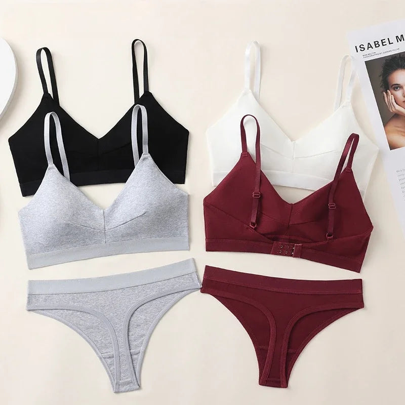 Cotton Bra Set Women Comfort Seamless Underwear Female Push Up Bra Low Waist Thong Panties Casual Sports Lingerie Intimates