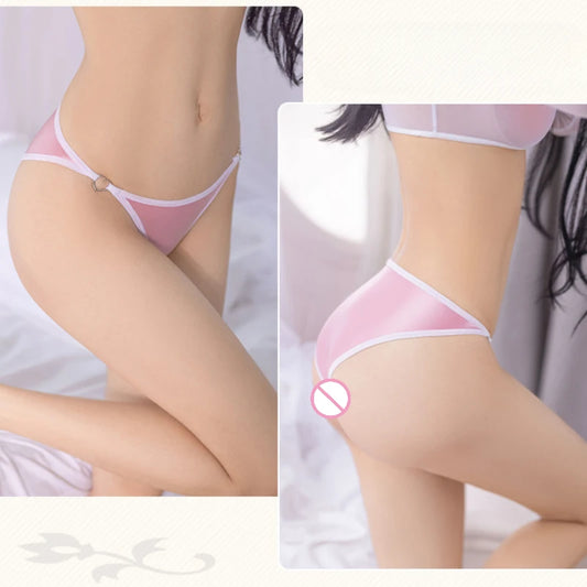 Women Oil Shiny Briefs Seamless High Fork Tanga Thong Metal Ring G-String Thongs Low-Waist Underwear See Through Panties