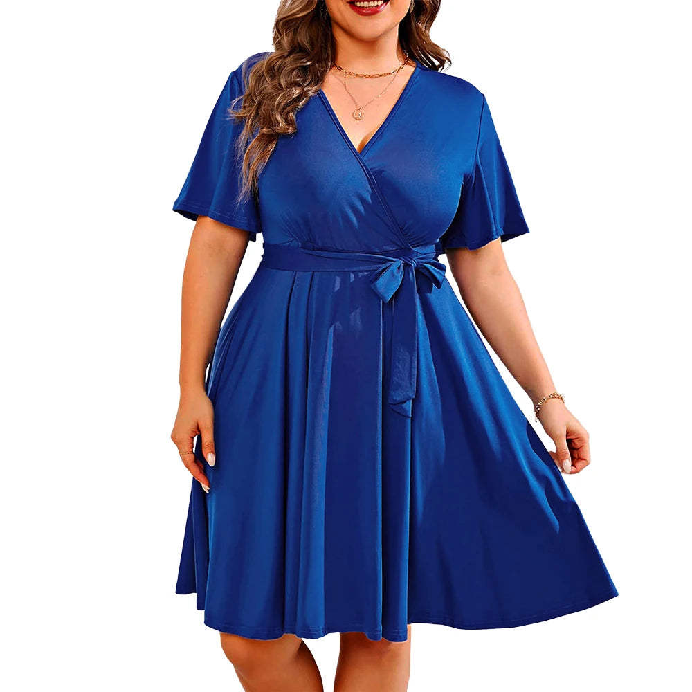 Plus Size Fashion Dress 2024 Women Solid V Neck Short Sleeve Lace Up Mini Dresses Ladies Evening Party Gowns Sundress Clothing