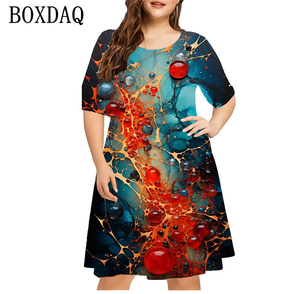 Tie Dye Splash-Ink Print Dresses Women Abstract New Pattern Loose Plus Size Dress Casual Short Sleeve Oversized Clothing 8XL 9XL