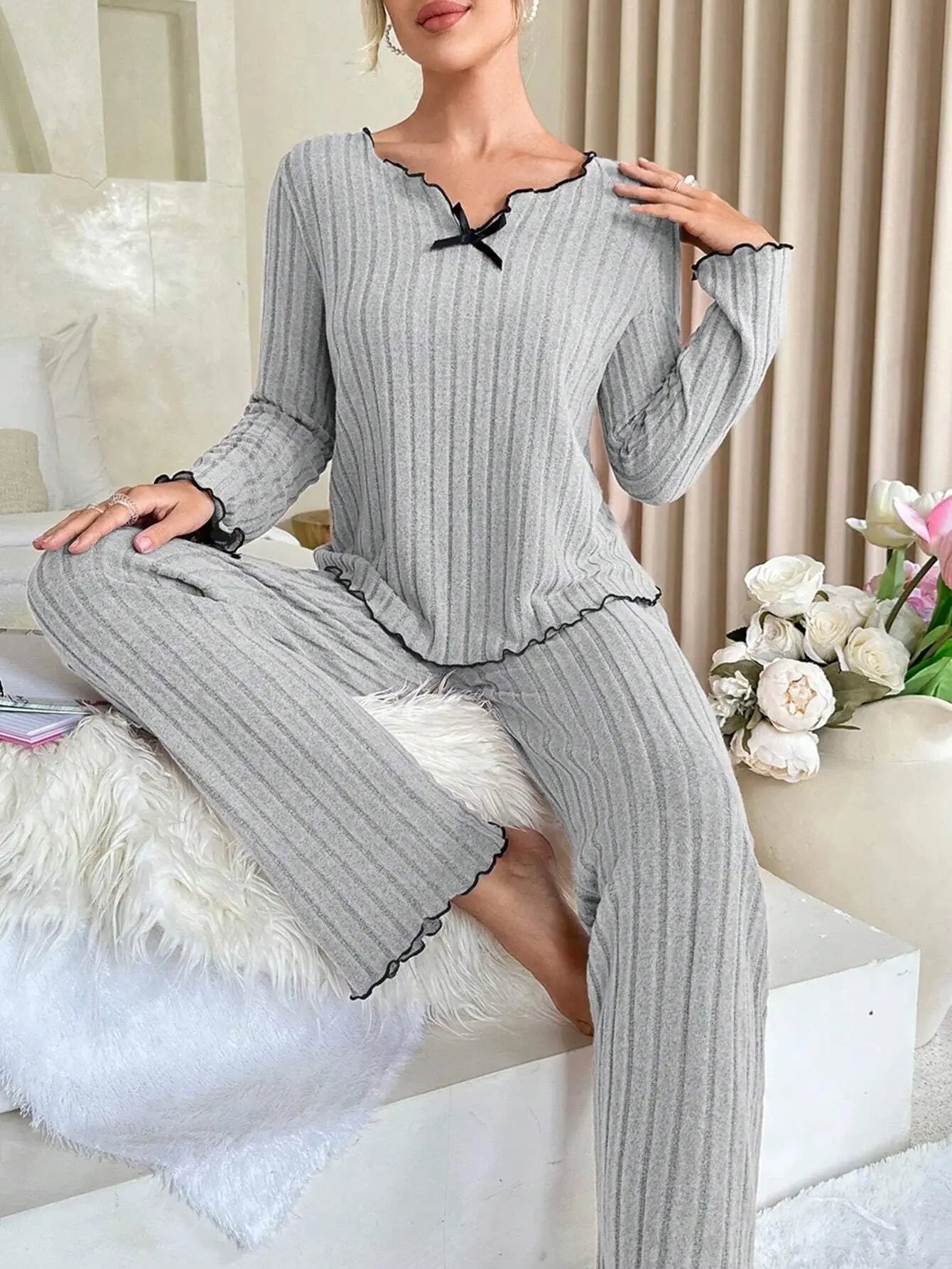 Women Autumn Winter Sleepwear Ribbed Pajamas Set Long Sleeve Top and Long Pants 2 Piece Set Casual Homewear Loungewear