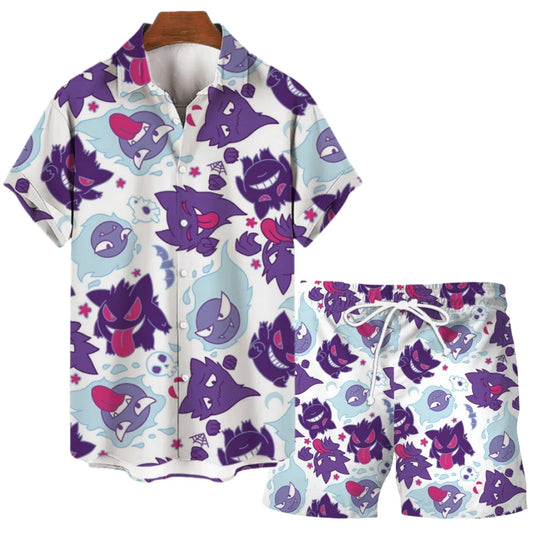 Anime Pokemon Pikachu Gengar Snorlax Floral Shirts Men Women Shorts Short Sleeves Button Couple Pajamas Set Trendy Beach Coat