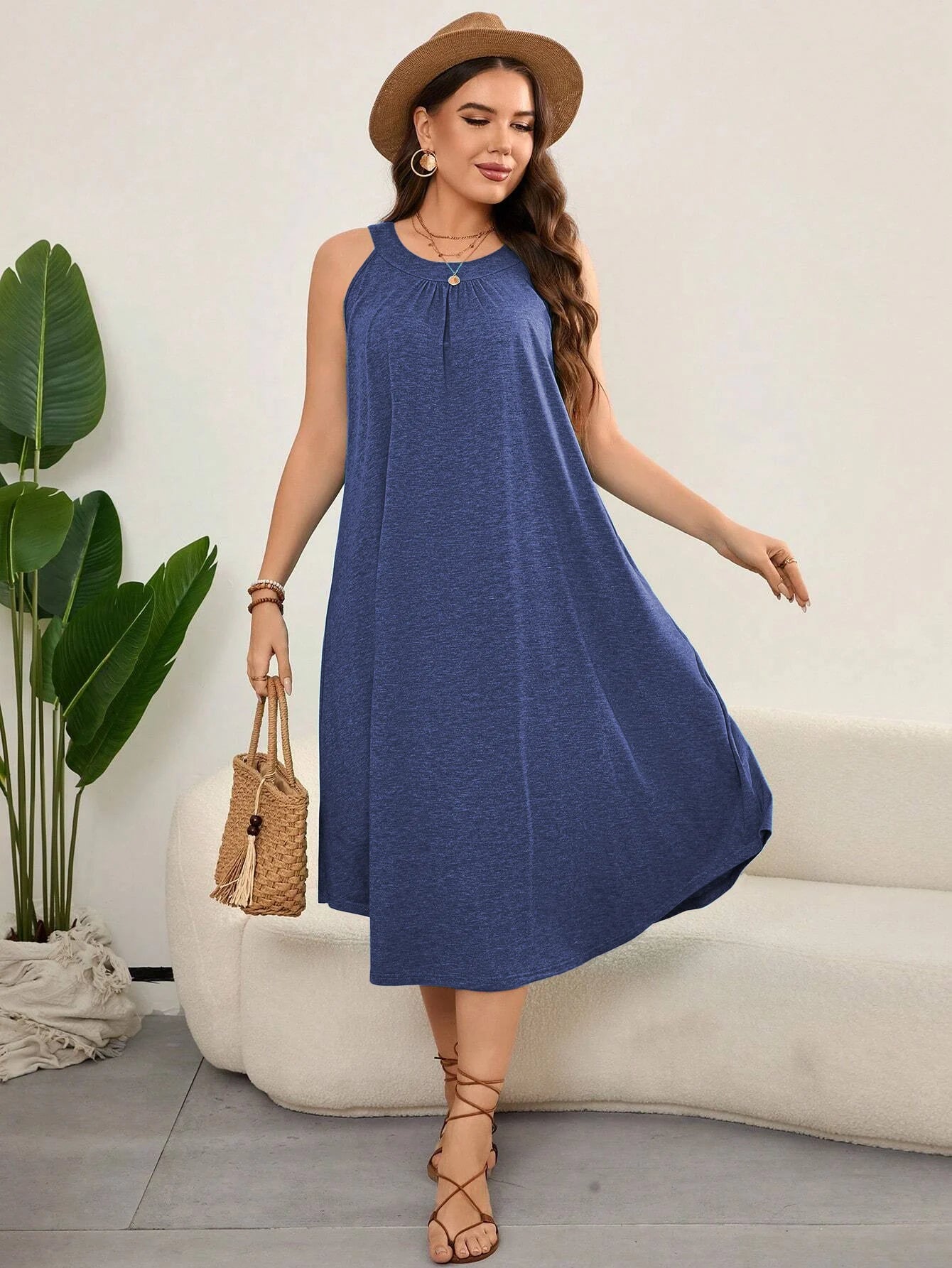 Elegant and Beautiful Beach Women's Summer Clothing Fashion Plus Size party Solid O-neck Sleeveless Women's Dress Free Shipping