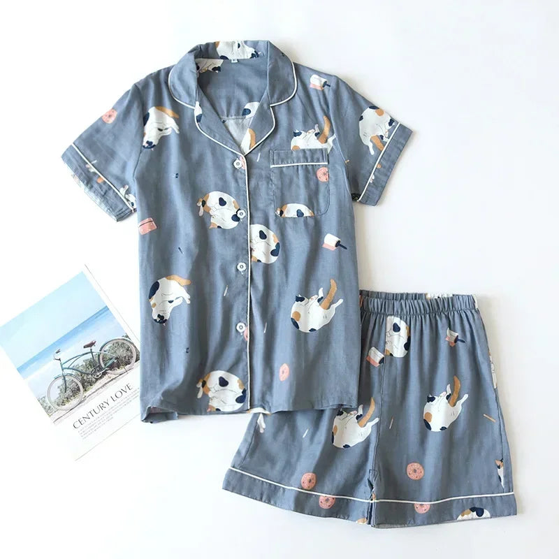 New 100% cotton short-sleeved shorts ladies pajamas set cute cartoon pajamas Japanese simple short pajamas women sleepwear