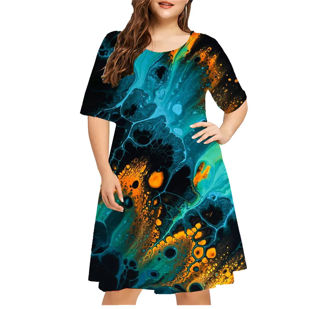 Tie Dye Splash-Ink Print Dresses Women Abstract New Pattern Loose Plus Size Dress Casual Short Sleeve Oversized Clothing 8XL 9XL