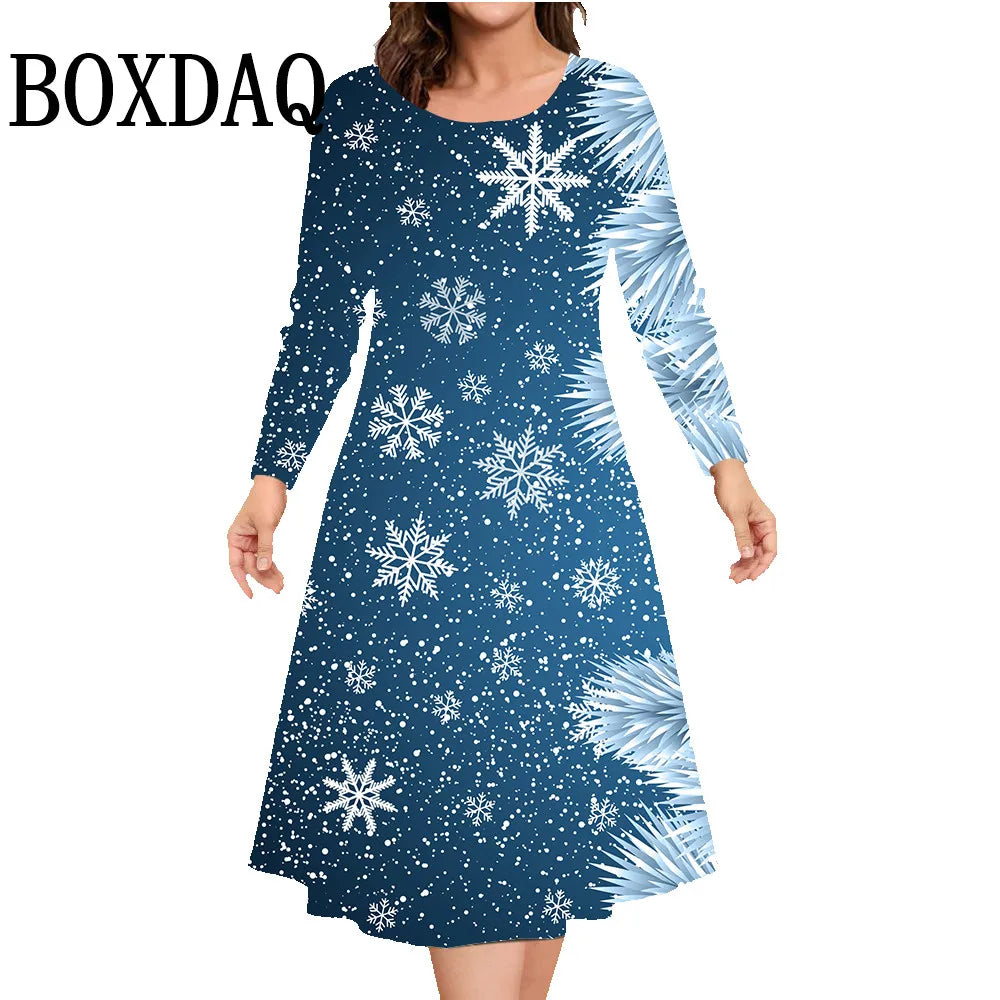 Women'S Dresses For Christmas Snowman Print Dress Autumn Winter Long Sleeve Casual Fashion Round Neck Plus Size Clothing 8XL 9XL