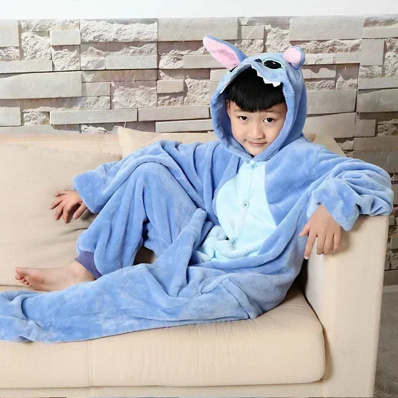 Disney Stitch Pajamas Cartoon Winter Warm Cosplay Stitch Plush Pajamas Home Clothes Set Boys Girls Birthday Christmas Gifts