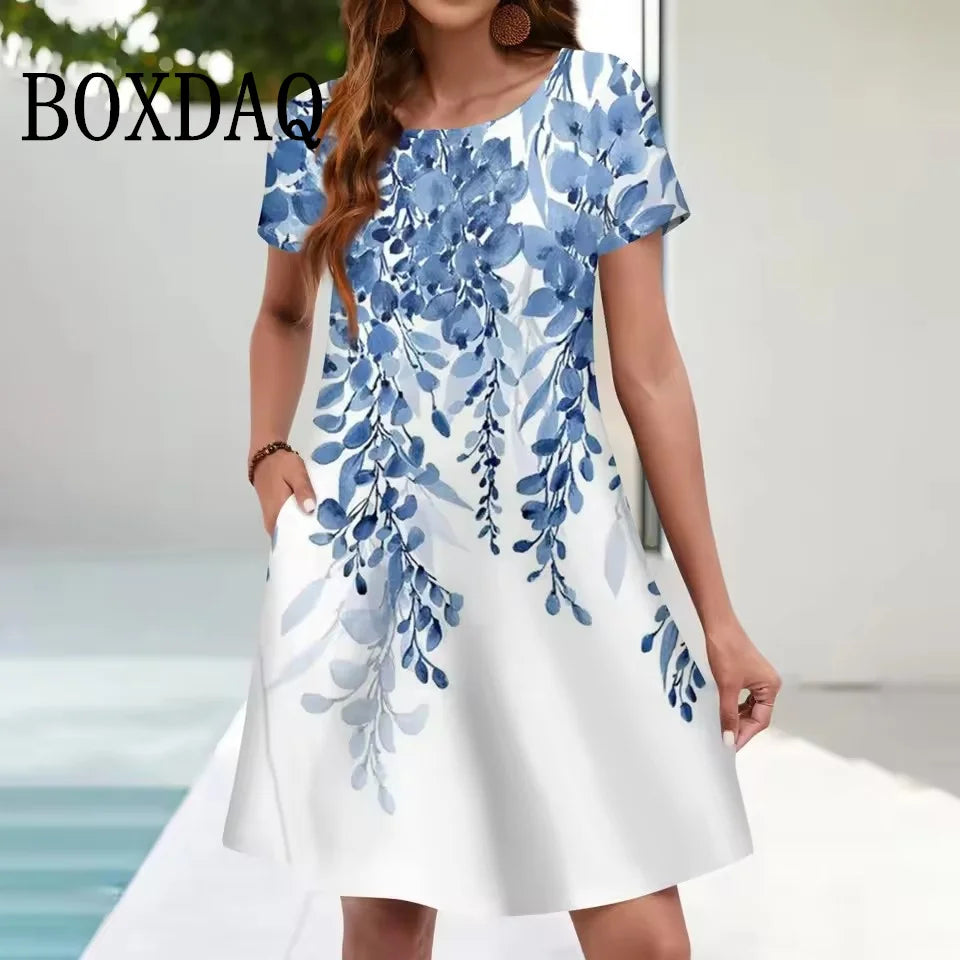 Women'S Casual Sundress Loose Pockets Summer Boho Beach Dress Floral Dress For Women Short Sleeve Dress Plus Size Clothing 9XL