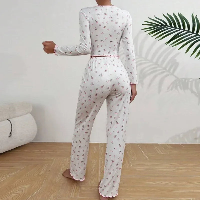 Autumn Winter Floral Print Pajamas Set for Women Sleepwear Long Sleeve Top and Long Pants 2 Piece Casual Homewear Loungewear