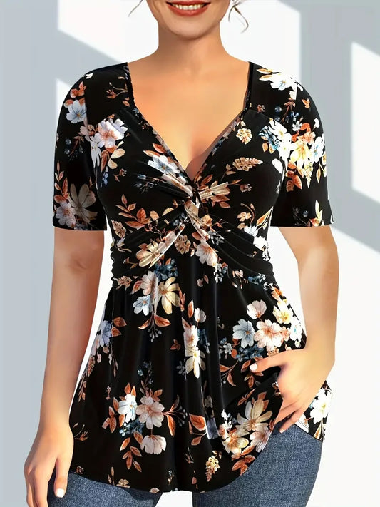 Plus Size Women's Floral Print Twist Front T-shirt Elegant V Neck Short Sleeve Top for Summer Women's Clothing for Daily Wear