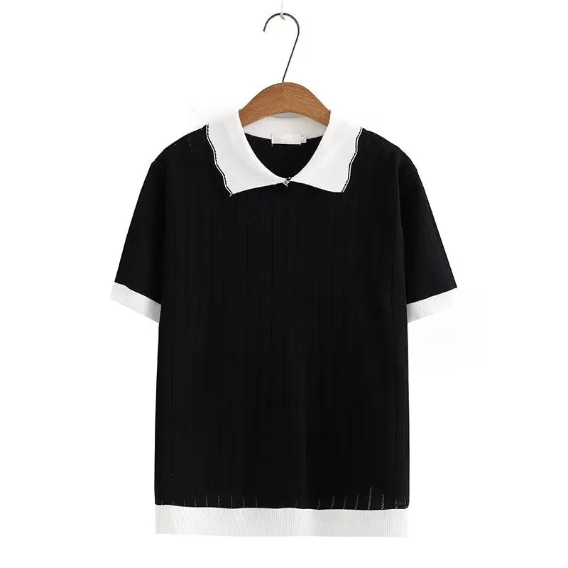 Plus Size Women's Clothing T-Shirt Black And White Contrast Lapel Polo Shirts Basic Knitted T-Shirt Summer Thin Short Sleeve T