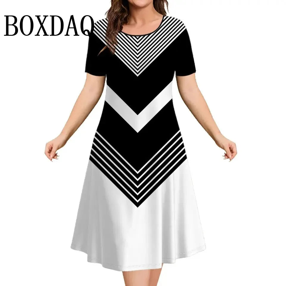 Women's Dresses Contrast Colors Striped Elegant Casual O-Neck Short Sleeve Fashion Dresses Summer Women's Plus Size Clothing 9XL