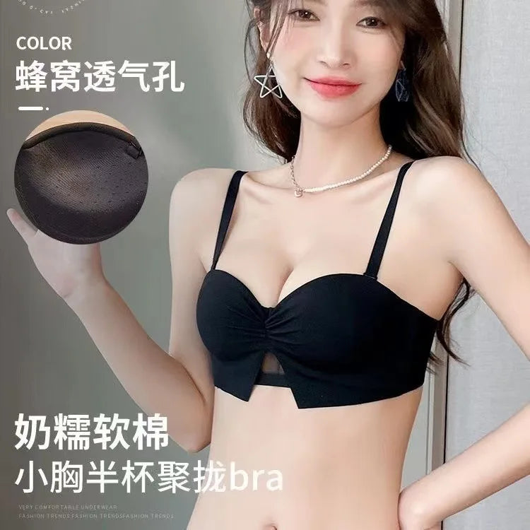 Half Cup girls small bosom gathered underwear no steel ring large AA Cup flat-chested strapless non-slip bra set