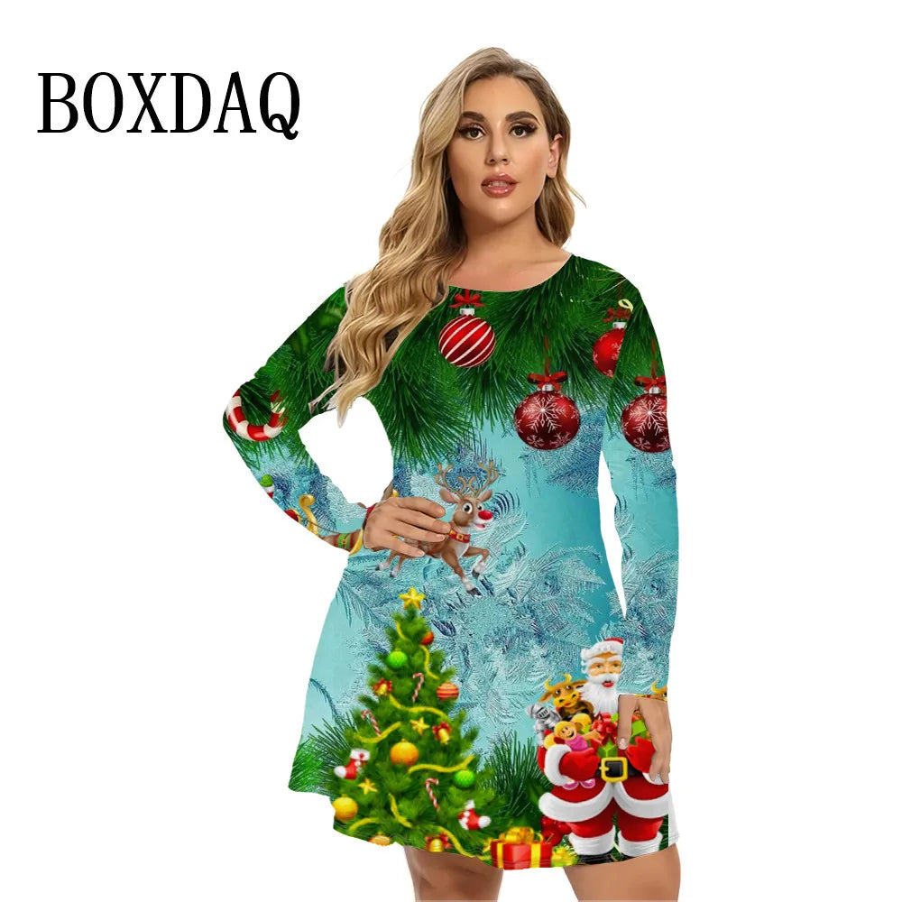 2024 Autumn Winter Long Sleeve Christmas Party Dresses Women Cute Santa Claus A-Line Dress Casual Loose Plus Size Clothing 9XL