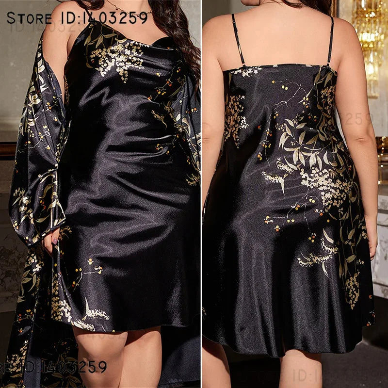 Plus Size Female 2PCS Long Robe Nightgown Set Print Flower Kimono Bathrobe Gown Casual Satin Sleepwear Home Clothing 3XL 4XL 5XL