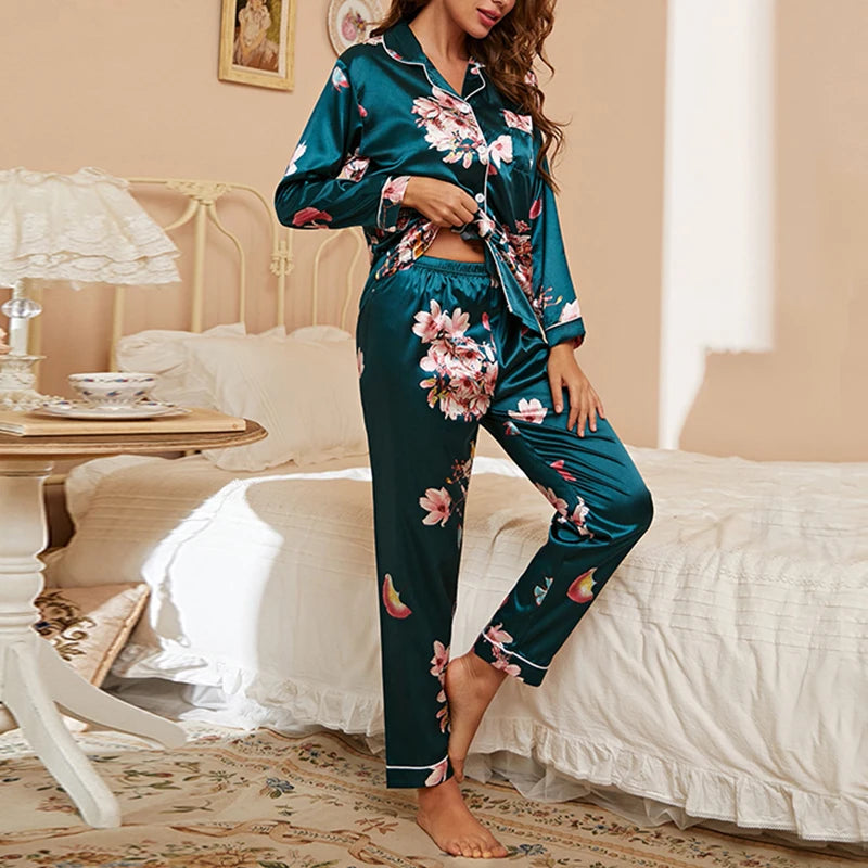 Spring Autumn pajama women Silk Satin pajamas set Long sleeve Shirt with Trouser Sleepwear Loungewear Female Pyjamas Suits Mujer