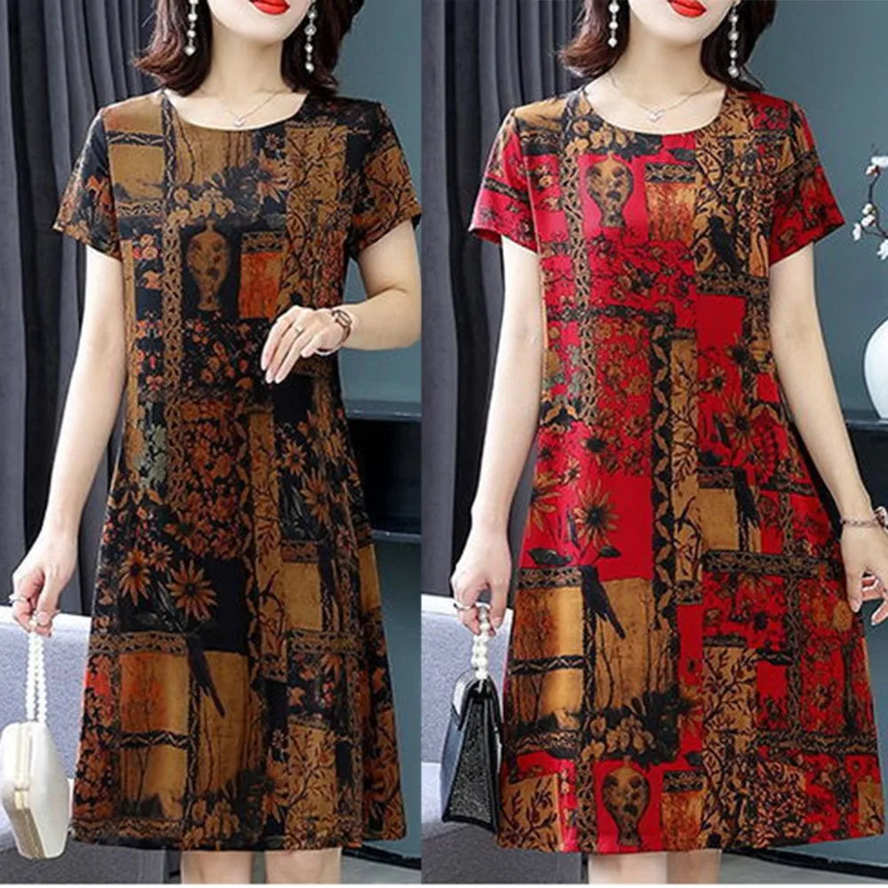 Womens Dresses Party Casual Elegant Long-Dress Retro Plus Size Print Short-Sleeved Skirt Loose Mother Wear Female Clothing