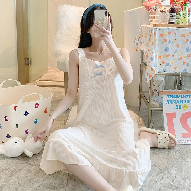 Sweet Cute Nightdress Women Princess Nightgown Lady Summer Sleeveless Sleepwear Female Cotton Nightgowns Loose Home Clothes