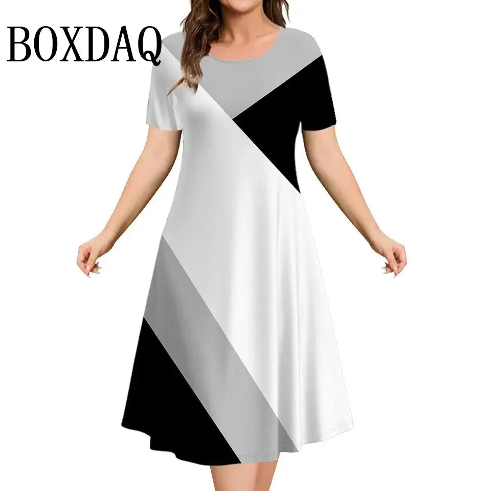 Women's Dresses Contrast Colors Striped Elegant Casual O-Neck Short Sleeve Fashion Dresses Summer Women's Plus Size Clothing 9XL