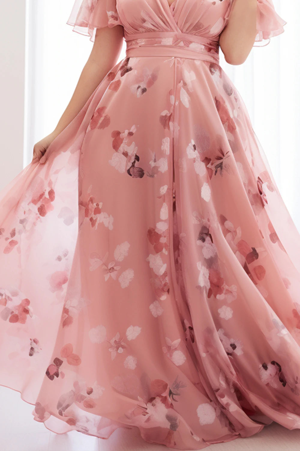 Flycurvy Plus Size Everyday Peach Pink Floral Flutter Sleeve Wrap Empire Waist Chiffon Maxi Dress