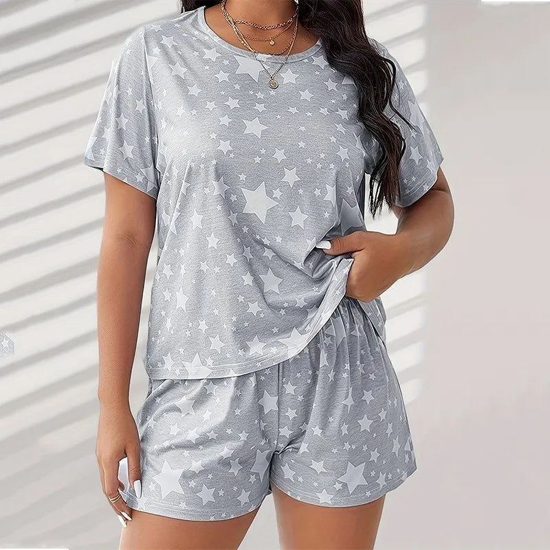 2024 Women's Printing Plus Size Crop Pajama Sets Shorts Set Daily Women Home Clothing Outfit Lounge Pijama Sleepwear 2 Piece Set