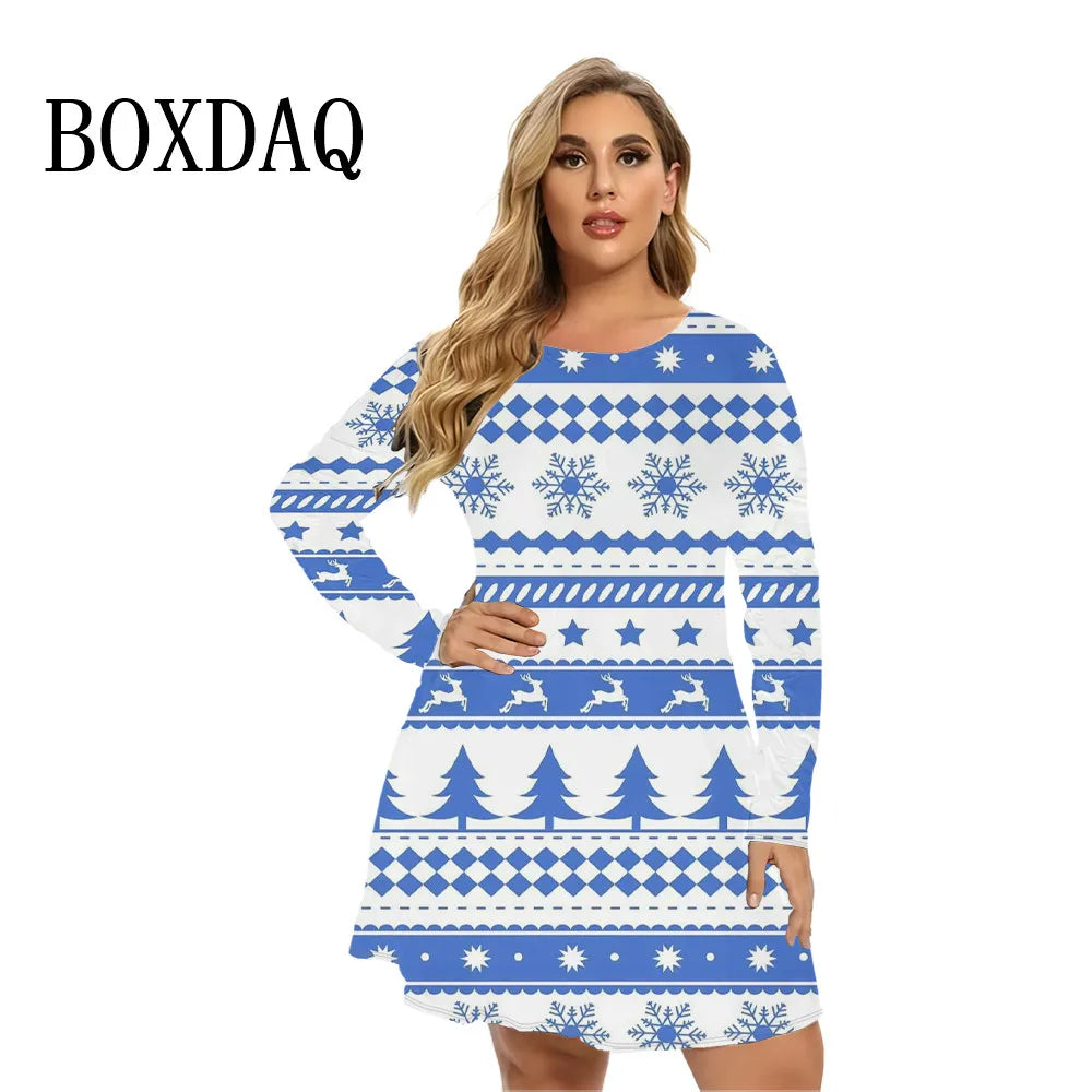 Women Christmas Clothing Long Sleeve Christmas Snowflake Print O-Neck Mini Dress Autumn Winter Casual Loose Plus Size Dress 9XL