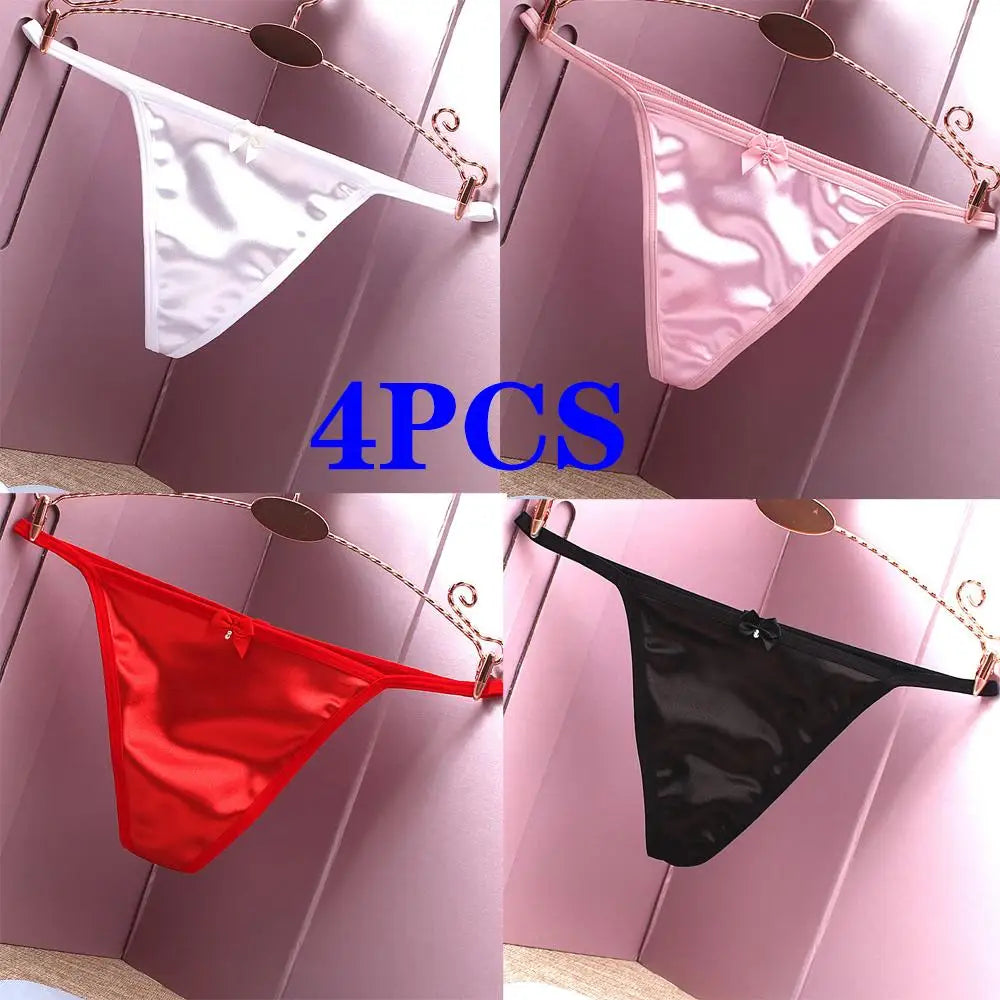 Fashion Underwear Pearl Girls Large Size Low Waist Satin Women Thongs Bow Lingerie T-Back Panties Briefs