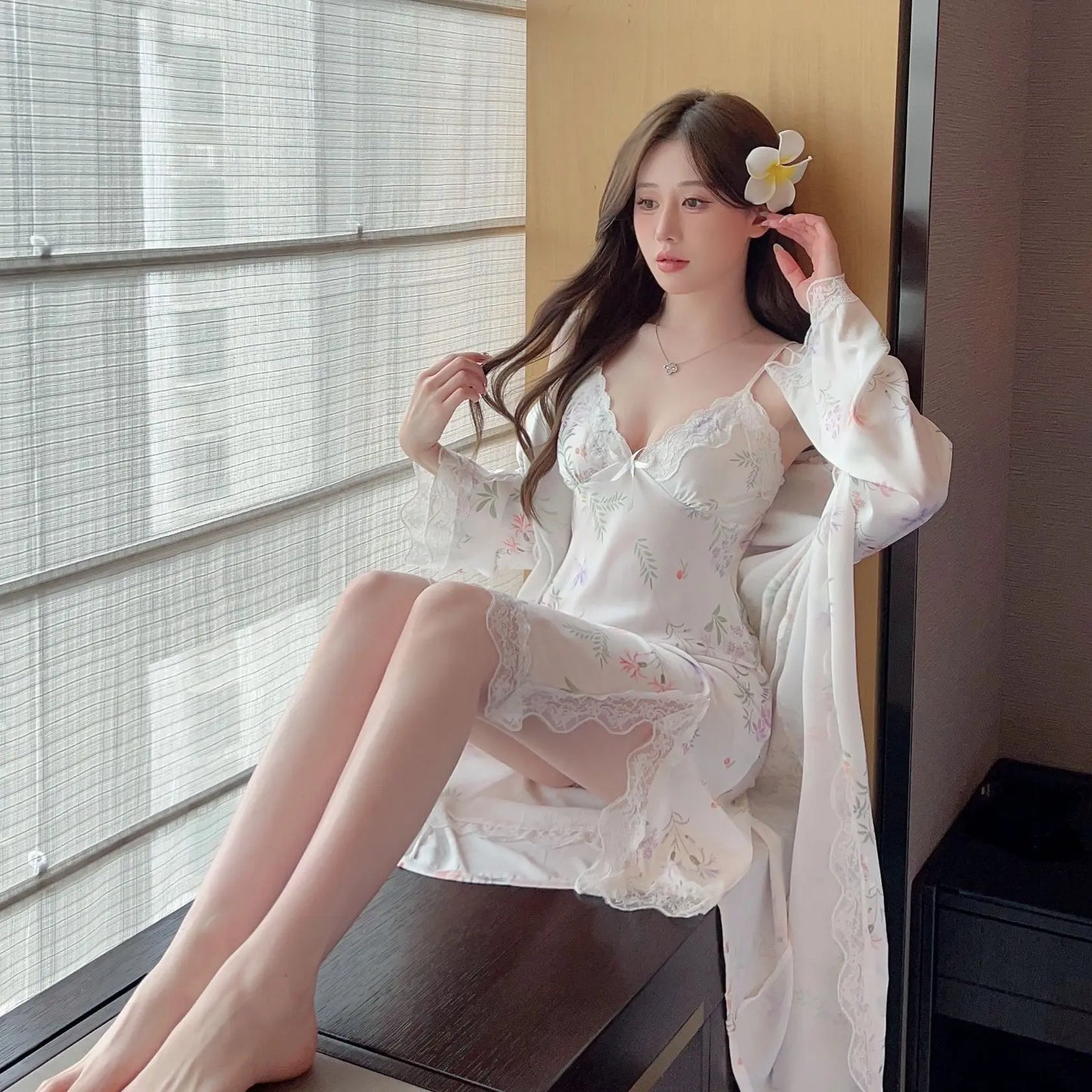 Print Twinset Robe Set Bride Nightgown Women Lace Gown Kimono Nightwear Lingerie Bathrobe Set Rayon Sleepwear Loungewear