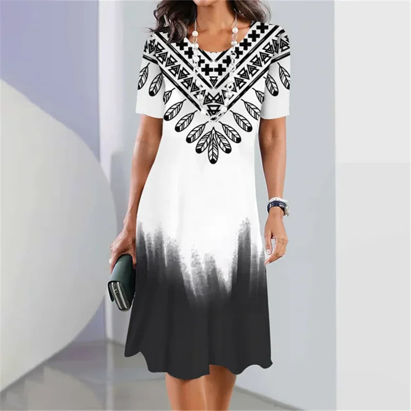 8XL 9XL Plus Size Women Dress Loose Casual Short Sleeve O-Neck Dress 3D Gradient Print Big Size Streetwear Clothing Ladies Dress