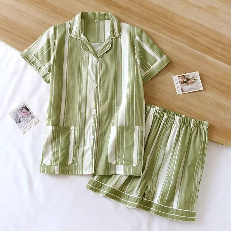 New 100% cotton short-sleeved shorts ladies pajamas set cute cartoon pajamas Japanese simple short pajamas women sleepwear