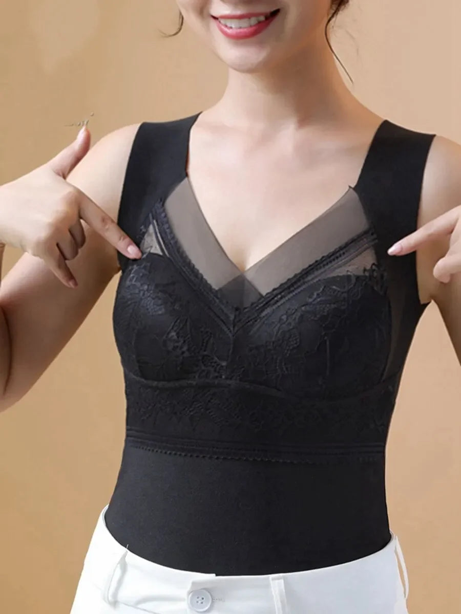 Women Winter Velvet Padded Vest Thermal Underwear Camisole Warm Sling Vest Tops 2-in-1 Built-in Bra Undershirt Intimate