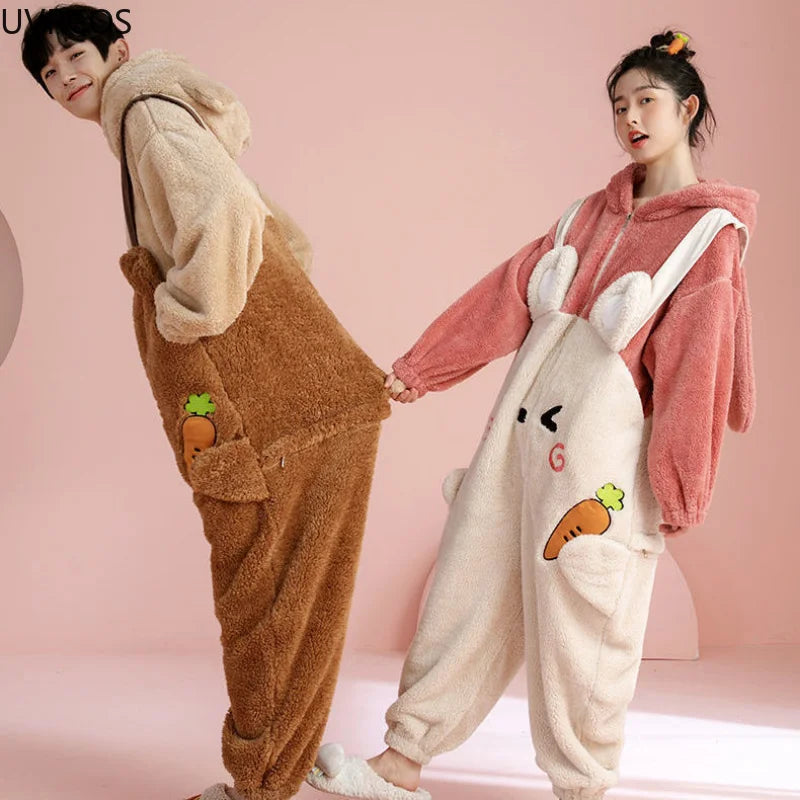 Sweet Cute Warm Couple Pajamas Cartoon Onesies Winter Kawaii Bunny Ears Hooded Women Sleepwear Home Clothes Men Pyjamas Jumpsuit