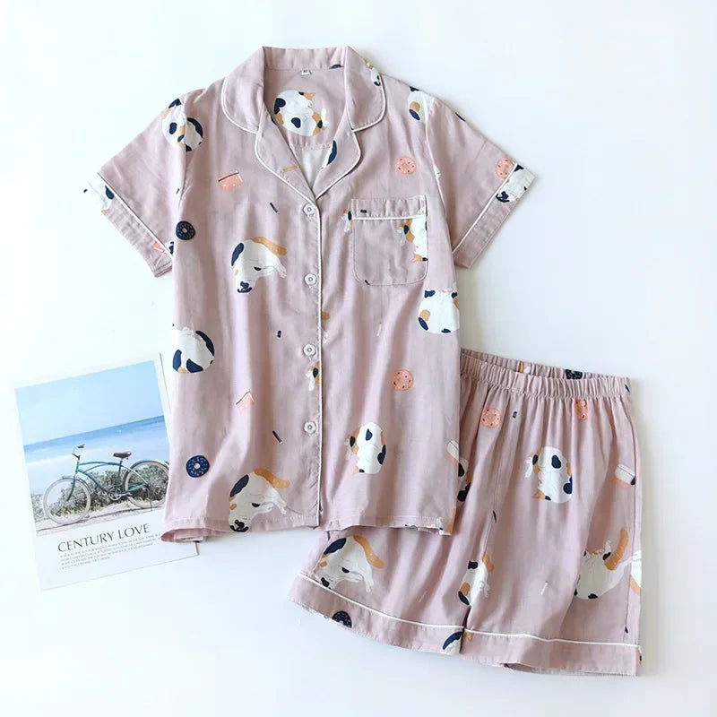 New 100% cotton short-sleeved shorts ladies pajamas set cute cartoon pajamas Japanese simple short pajamas women sleepwear