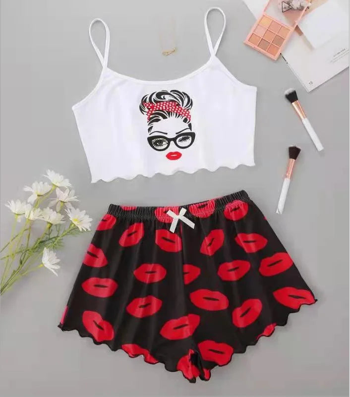 Hot Women's Sleepwear Cute Cartoon Print Short Set Pajamas for Women Pajama Set Sweet Short Sleeve V-Neck & Shorts Summer Pijama