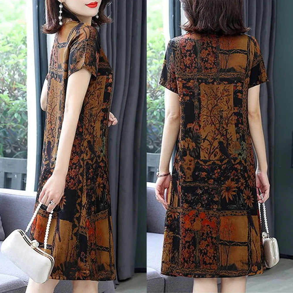 Womens Dresses Party Casual Elegant Long-Dress Retro Plus Size Print Short-Sleeved Skirt Loose Mother Wear Female Clothing