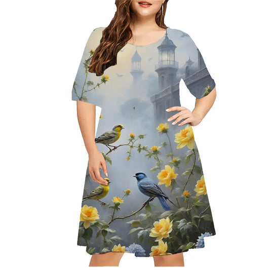 Animal Magpie 3D Printed Women Dresses Vintage Floral Short Sleeve Loose Plus Size Dress Casual Retro O-Neck Ladies Clothing 9XL