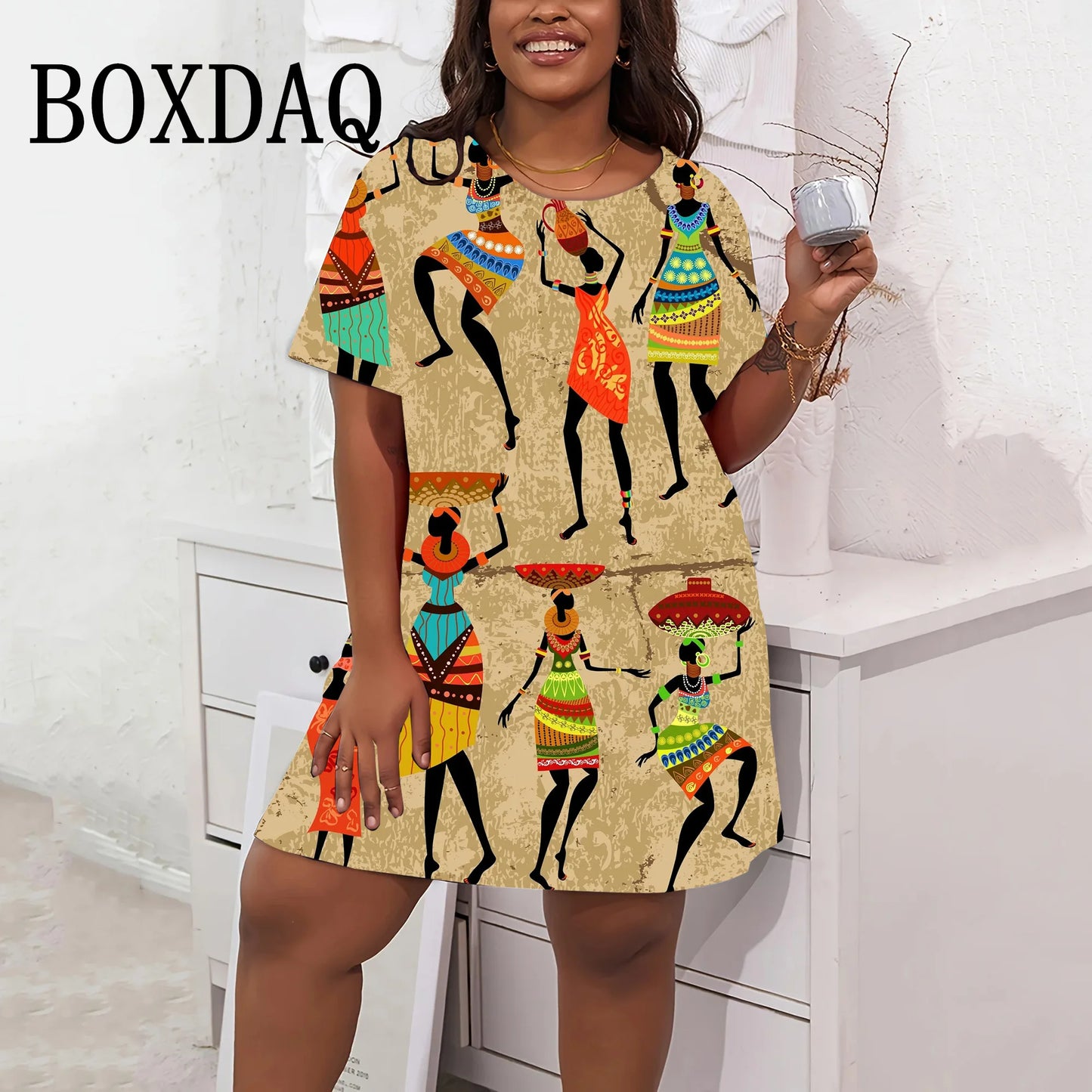 Fashion Summer 3D African Horde Dress Women Casual Loose Short Sleeve Plus Size Dresses Streetwear Art Retro Classic Short Dress