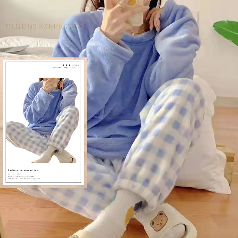 Autumn Winter Flannel Women Pajamas Sets Fashion Plaid Printed Teddy Sleepwear Velvet Homewear Kawaii Girsl Pijamas Mujer Pyjama