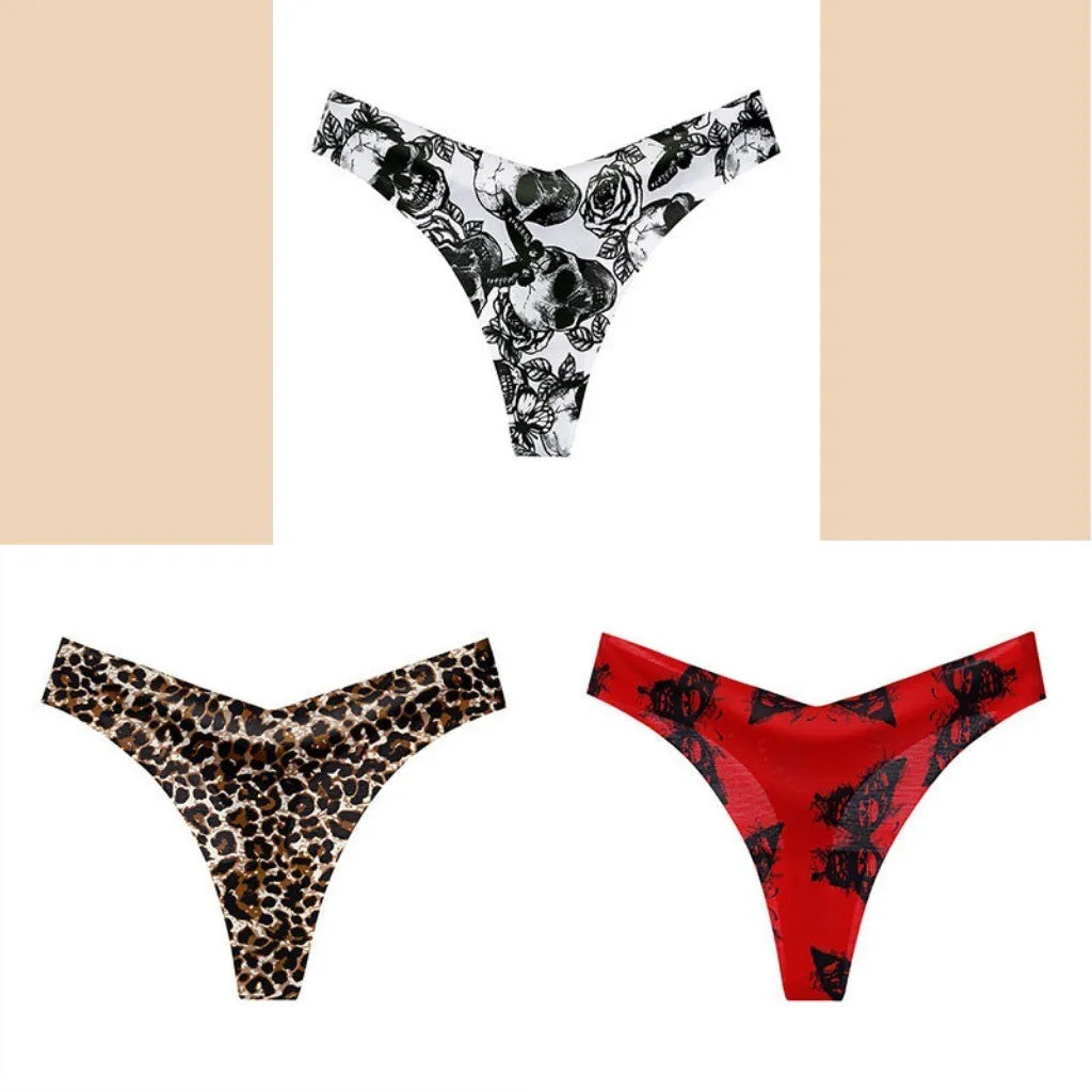 3pcs T Back Panty for Women String Seamless Ice Silk Exy Low Waist Thong Sports Bikini Plus Size Female Print Leopard Underwear