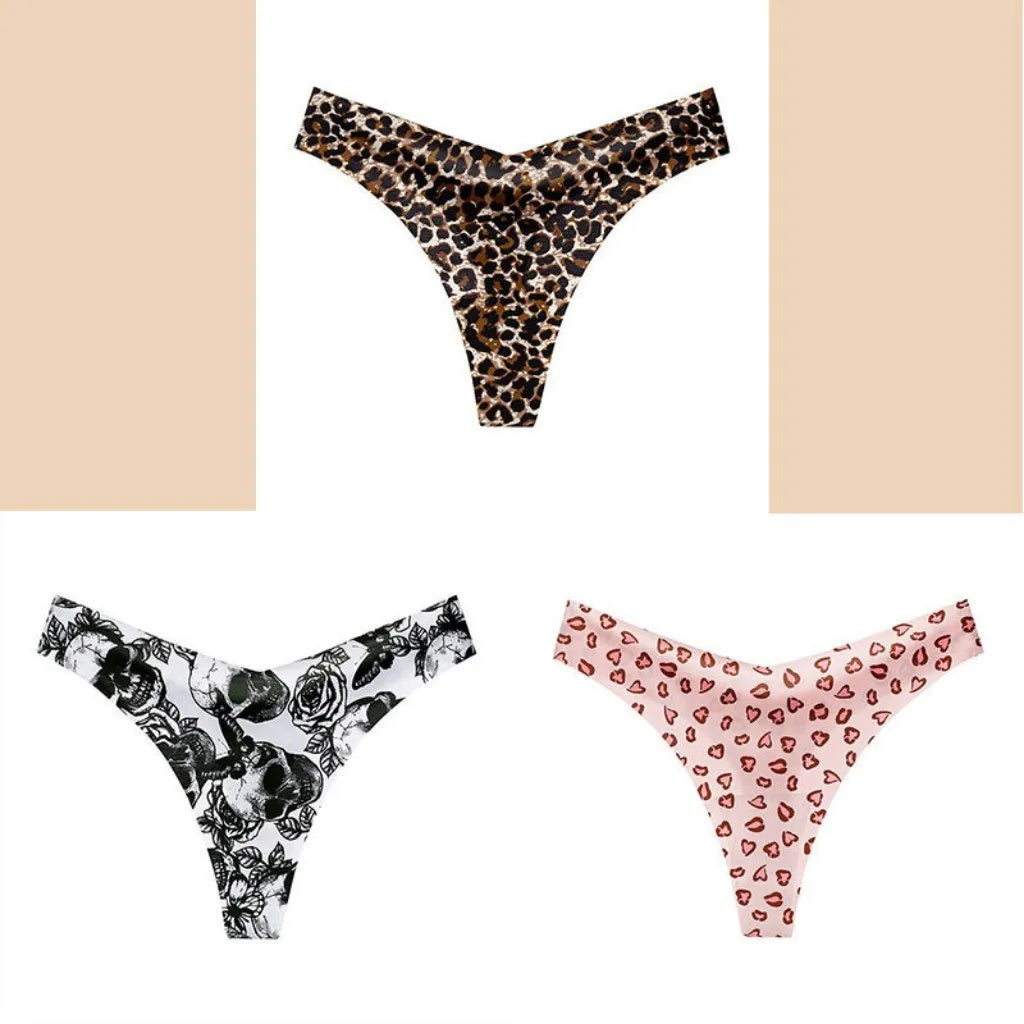 3pcs T Back Panty for Women String Seamless Ice Silk Exy Low Waist Thong Sports Bikini Plus Size Female Print Leopard Underwear