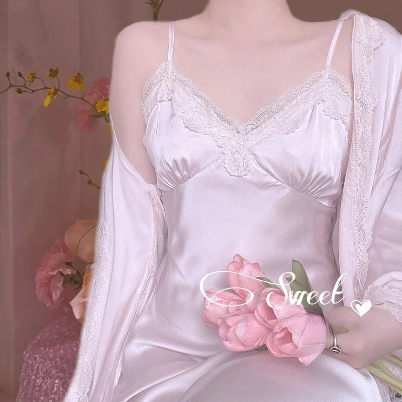 Nighty for Ladies Hot Romantic White Dress Women Silk Nightgown Two Pieces Sleepwear Princess Lace Pajamas Summer Autumn