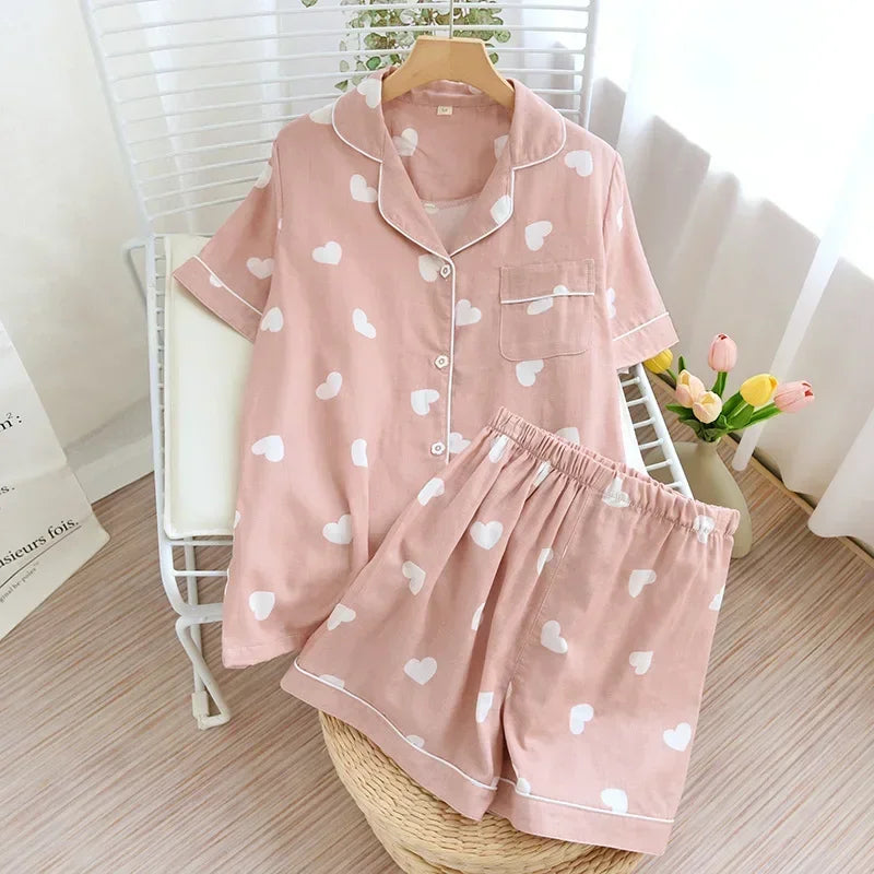 New 100% cotton short-sleeved shorts ladies pajamas set cute cartoon pajamas Japanese simple short pajamas women sleepwear