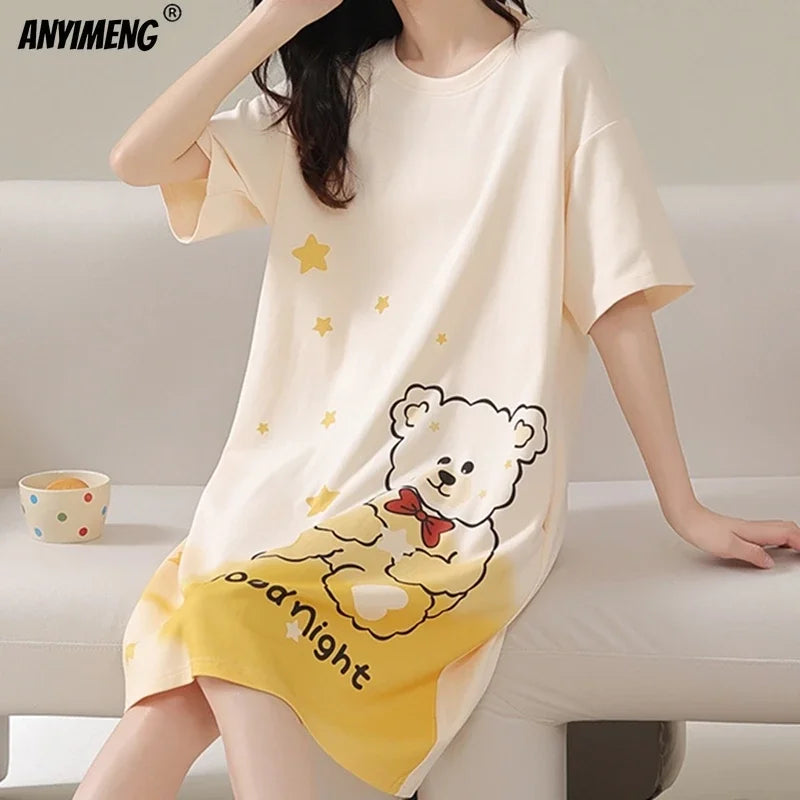 Plus Size Milk Silk Women Nightgowns L-5XL Short Sleeves Sleepshirt Casual Nightdress Cartoon Sleepwear Woman Leisure Lingerie