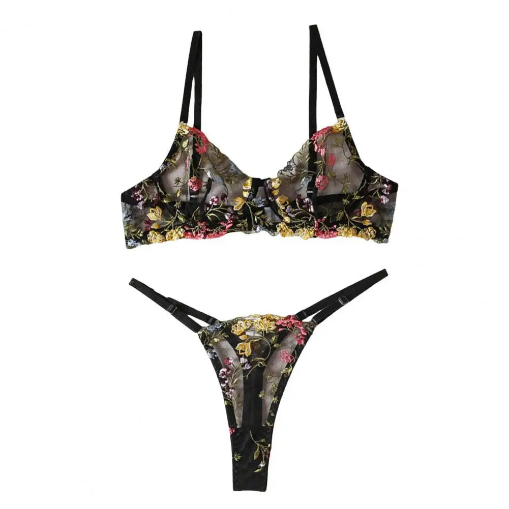 Floral Embroidery Lingerie Set Women Sheer 2-Piece Boho Bra + Panty Underwear Set Intimates