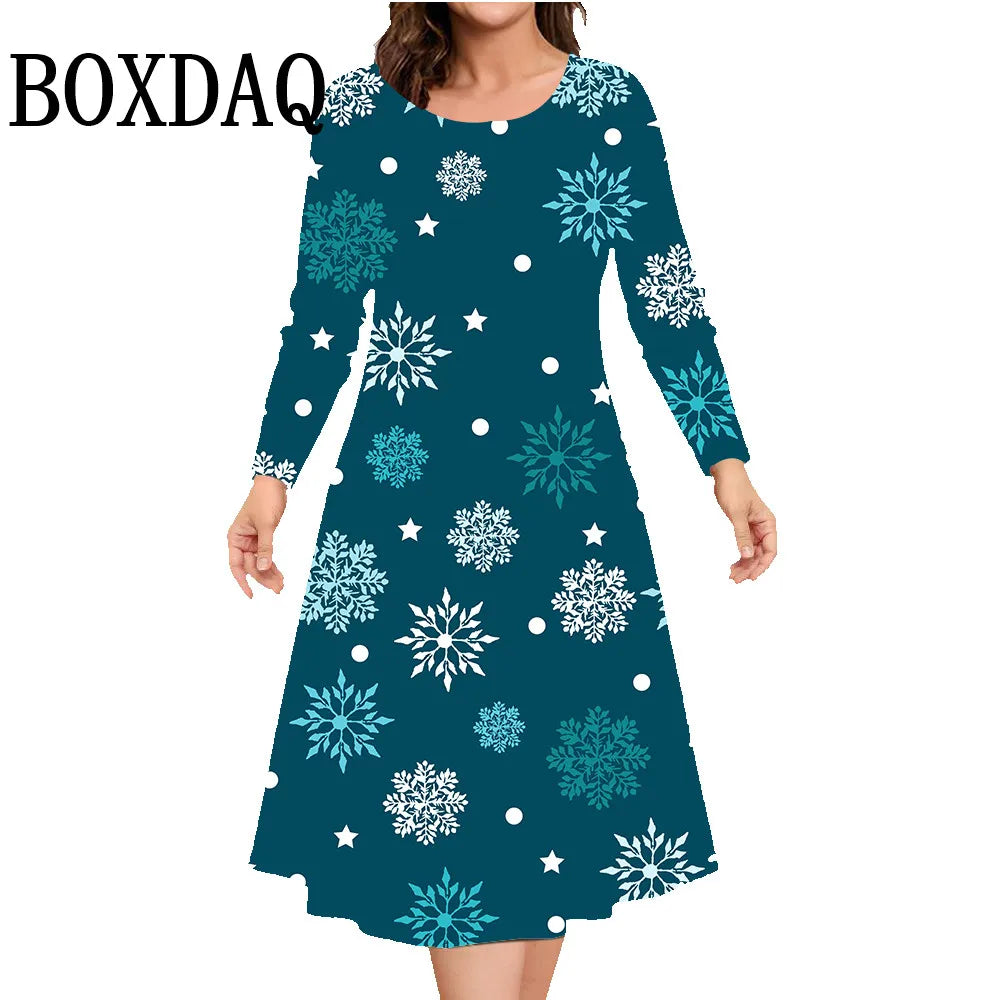 Women'S Dresses For Christmas Snowman Print Dress Autumn Winter Long Sleeve Casual Fashion Round Neck Plus Size Clothing 8XL 9XL