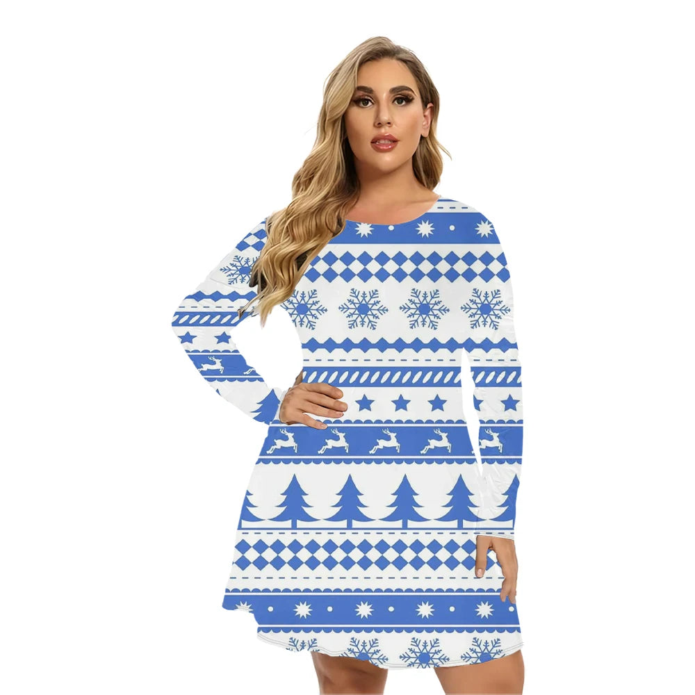 Women Christmas Clothing Long Sleeve Christmas Snowflake Print O-Neck Mini Dress Autumn Winter Casual Loose Plus Size Dress 9XL